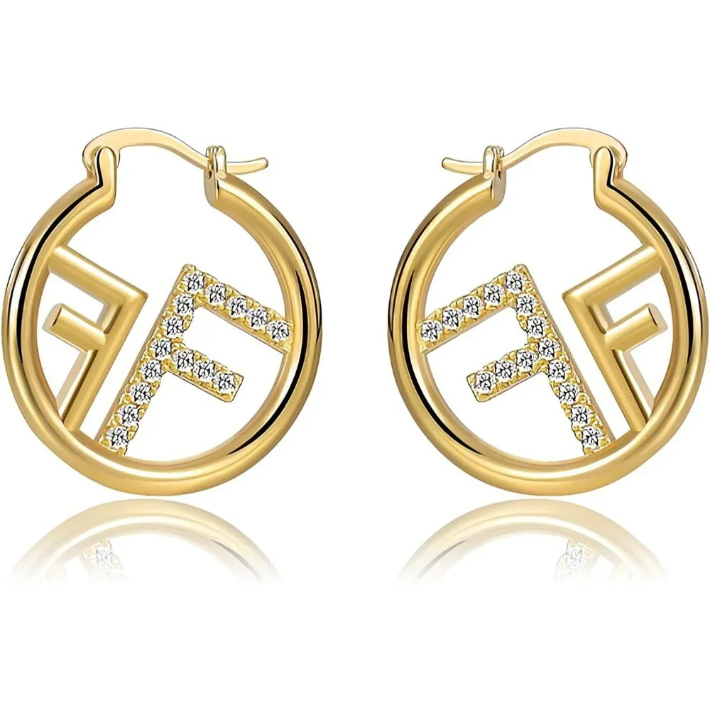 18K Gold Plated Hypoallergenic Gold Earrings for Women, Non Fading F Letter Cubi